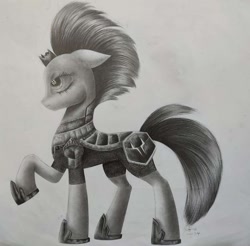 Size: 1099x1080 | Tagged: safe, artist:henry forewen, tempest shadow, pony, unicorn, g4, broken horn, concave belly, horn, monochrome, raised hoof, side view, sketch, slender, solo, thin, traditional art