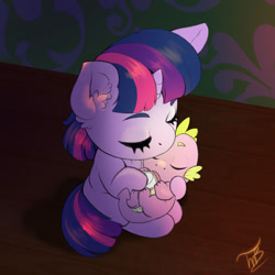 Size: 1600x1600 | Tagged: safe, artist:tillie-tmb, spike, twilight sparkle, dragon, pony, g4, baby, baby dragon, baby spike, cute, female, filly, filly twilight sparkle, male, mama twilight, mother and child, mother and son, spikabetes, spikelove, twiabetes, weapons-grade cute, younger