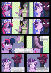 Size: 1280x1833 | Tagged: safe, artist:tillie-tmb, spike, starlight glimmer, tempest shadow, twilight sparkle, alicorn, dragon, pony, comic:the amulet of shades, g4, comic, female, guardsmare, horn, lip bite, mare, royal guard, tempest becomes a royal guard, tempest gets her horn back, twilight sparkle (alicorn)