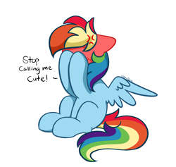 Size: 3717x3519 | Tagged: safe, artist:kittyrosie, rainbow dash, pegasus, pony, g4, adorable distress, blushing, blushing profusely, cross-popping veins, cute, dashabetes, emanata, female, head in hooves, high res, i'm not cute, mare, missing cutie mark, simple background, solo, talking to viewer, tsunderainbow, tsundere, white background