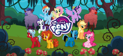 Size: 1666x768 | Tagged: safe, gameloft, idw, applejack, decepticolt, fluttershy, goldcap, pinkie pie, rainbow dash, rarity, twilight sparkle, zappityhoof, alicorn, earth pony, minotaur, pegasus, pony, unicorn, g4, my little pony: magic princess, applejack's hat, cowboy hat, female, flying, hat, idw showified, loading screen, male, mane six, mare, my little pony logo, stallion, twilight sparkle (alicorn), video game, wrong gender