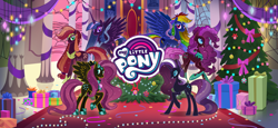 Size: 1666x768 | Tagged: safe, gameloft, applejack, fluttershy, nightmare rarity, pinkie pie, rainbow dash, rarity, twilight sparkle, alicorn, earth pony, pegasus, pony, unicorn, g4, my little pony: magic princess, loading screen, mane six, my little pony logo, nightmare applejack, nightmare fluttershy, nightmare pinkie, nightmare rainbow dash, nightmare twilight, nightmarified, twilight sparkle (alicorn), video game