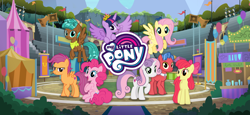 Size: 1666x768 | Tagged: safe, gameloft, apple bloom, biscuit, fluttershy, pinkie pie, scootaloo, spur, sweetie belle, twilight sparkle, alicorn, earth pony, pegasus, pony, unicorn, g4, growing up is hard to do, my little pony: magic princess, cutie mark crusaders, female, flag, flying, loading screen, male, mare, my little pony logo, older, older apple bloom, older cmc, older scootaloo, older sweetie belle, stadium, stallion, twilight sparkle (alicorn), video game