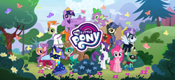 Size: 1666x768 | Tagged: safe, gameloft, idw, fili-second, humdrum, mistress marevelous, pinkie pie, radiance, rarity, saddle rager, spike, twilight sparkle, zapp, alicorn, dragon, earth pony, pegasus, pony, unicorn, g4, my little pony: magic princess, female, flying, humdrum costume, loading screen, male, mare, masked matter-horn costume, my little pony logo, power ponies, stallion, twilight sparkle (alicorn), video game, winged spike, wings