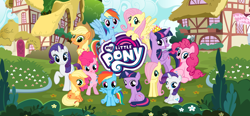 Size: 1660x768 | Tagged: safe, gameloft, applejack, fluttershy, pinkie pie, rainbow dash, rarity, twilight sparkle, alicorn, earth pony, pegasus, pony, unicorn, g4, my little pony: magic princess, applejack's hat, bipedal, cowboy hat, female, filly, filly applejack, filly fluttershy, filly mane six, filly pinkie pie, filly rainbow dash, filly rarity, filly twilight sparkle, flying, hat, loading screen, mane six, mare, my little pony logo, new crown, ponyville, self ponidox, twilight sparkle (alicorn), unicorn twilight, video game, younger