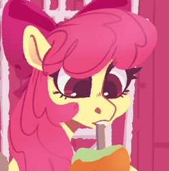 Size: 690x697 | Tagged: artist needed, safe, apple bloom, earth pony, pony, g4, apple, barn, candy apple, female, filly, food, solo