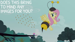 Size: 1280x720 | Tagged: safe, edit, edited screencap, editor:quoterific, screencap, fluttershy, seabreeze, bee, breezie, insect, pegasus, pony, g4, it ain't easy being breezies, season 4, animal costume, bee costume, clothes, costume, female, flutterbee, flying, mare, open mouth, tree