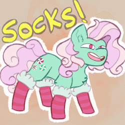 Size: 1000x1000 | Tagged: safe, artist:apatheticxaddict, minty, earth pony, pony, g3, my little pony: a very minty christmas, chest fluff, clothes, cute, ear fluff, female, mintabetes, open mouth, simple background, socks, solo, stockings, striped socks, text, that pony sure does love socks, thigh highs