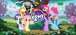 Size: 1666x768 | Tagged: safe, gameloft, idw, abyssinian king, abyssinian queen, applejack, fluttershy, pinkie pie, rainbow dash, rarity, twilight sparkle, abyssinian, alicorn, butterfly, cat, earth pony, pegasus, pony, unicorn, g4, my little pony: magic princess, applejack's hat, cowboy hat, crown, female, flower, hat, jewelry, loading screen, male, mane six, mare, my little pony logo, regalia, tree, twilight sparkle (alicorn), video game