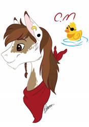 Size: 2088x2982 | Tagged: safe, artist:eperyton, pipsqueak, earth pony, pony, g4, bust, ear piercing, earring, eyepatch, female, high res, jewelry, male, mare, neckerchief, older, older pipsqueak, piercing, rubber duck, signature, simple background, smiling, stallion, white background