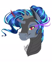 Size: 1727x2048 | Tagged: safe, artist:eperyton, oc, oc only, pony, unicorn, bust, curved horn, fangs, horn, magical gay spawn, male, offspring, parent:king sombra, parent:shining armor, parents:shiningsombra, signature, simple background, solo, sombra eyes, stallion, unicorn oc, white background
