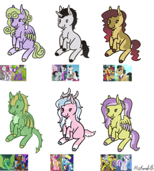 Size: 2026x2262 | Tagged: safe, artist:misskanabelle, bori the reindeer, diamond rose, felix, filthy rich, haakim, jack pot, medallion gold, sunny delivery, twilight velvet, oc, pegasus, pony, unicorn, g4, antlers, crack ship offspring, female, high res, horn, interspecies offspring, male, mare, offspring, parent:bori the reindeer, parent:diamond rose, parent:felix, parent:filthy rich, parent:haakim, parent:jack pot, parent:medallion gold, parent:sunny delivery, parent:twilight velvet, pegasus oc, screencap reference, signature, stallion, unicorn oc