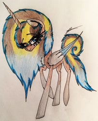Size: 2324x2861 | Tagged: safe, artist:beamybutt, oc, oc:moonbeam, alicorn, pony, alicorn oc, eyelashes, female, high res, horn, mare, raised hoof, signature, smiling, traditional art, two toned wings, wings