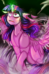 Size: 2000x3000 | Tagged: safe, artist:chrysgalaxy, twilight sparkle, alicorn, pony, g4, ear fluff, female, glowing horn, high res, horn, looking up, mare, solo, twilight sparkle (alicorn), wings