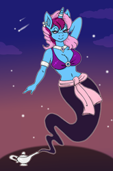 Size: 658x1000 | Tagged: safe, artist:vampiralady, oc, oc only, oc:parcly taxel, genie, genie pony, unicorn, anthro, albumin flask, bra, bracelet, clothes, collar, commission, ear piercing, earring, floating, horn, horn ring, jewelry, lamp, magic lamp, midriff, night, piercing, ring, smiling, solo, stars, underwear, waistband, wingless, ych result