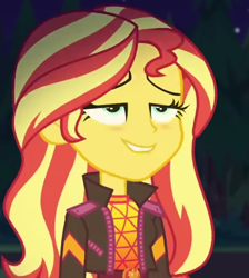 Size: 636x711 | Tagged: safe, screencap, sunset shimmer, equestria girls, equestria girls specials, g4, my little pony equestria girls: better together, my little pony equestria girls: sunset's backstage pass, blushing, clothes, cropped, jacket, lidded eyes, lip bite, looking up, music festival outfit, out of context, solo