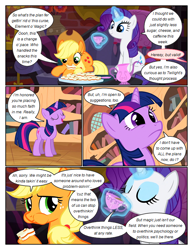 Size: 612x792 | Tagged: safe, artist:newbiespud, edit, edited screencap, screencap, applejack, rarity, twilight sparkle, earth pony, pony, unicorn, comic:friendship is dragons, g4, made in manehattan, my little pony: friendship is magic, applejack's hat, book, bookshelf, comic, cowboy hat, cup, dialogue, eating, eyelashes, eyes closed, female, freckles, glowing horn, hat, hoof hold, horn, indoors, magic, mare, open mouth, screencap comic, sitting, teacup, telekinesis, unicorn twilight