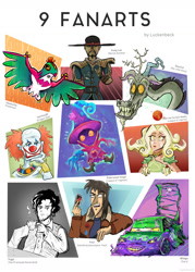 Size: 1081x1507 | Tagged: safe, artist:luckenbeck, discord, draconequus, hawlucha, human, g4, bust, car, cars (pixar), clothes, clown, clown nose, crossover, dragon ball, gambling apocalypse: kaiji, grin, hat, league of legends, male, mortal kombat, pokémon, red nose, six fanarts, smiling, the promised neverland, thinking