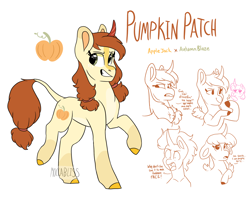 Size: 2272x1866 | Tagged: safe, artist:moccabliss, oc, oc only, oc:pumpkin patch, hybrid, pony, curved horn, female, heart eyes, horn, interspecies offspring, leonine tail, magical lesbian spawn, offspring, parent:applejack, parent:autumn blaze, parents:autumnjack, solo, wingding eyes