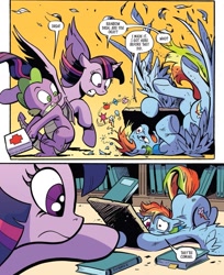 Size: 1055x1296 | Tagged: safe, artist:andy price, idw, rainbow dash, spike, twilight sparkle, alicorn, dragon, pegasus, pony, g4, season 10, spoiler:comic, spoiler:comic100, avengers: infinity war, butt, circling stars, comic, dizzy, face down ass up, female, first aid kit, floppy ears, mare, mismatched eyes, plot, tongue out, twilight sparkle (alicorn)