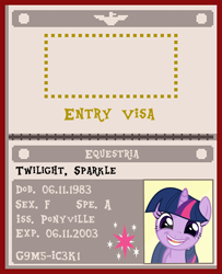Size: 730x900 | Tagged: safe, artist:php170, artist:phucknuckl, twilight sparkle, alicorn, pony, g4, the point of no return, adorkable, arstotzka, cute, cutie mark, dork, female, glory to arstotzka, mare, papers please, passport, photo, solo, twiabetes, twilight sparkle (alicorn), vector