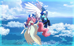 Size: 1280x786 | Tagged: safe, artist:sugaryicecreammlp, oc, oc only, oc:celestial star, oc:wind storm, pegasus, pony, clothes, cloud, female, flying, goggles, male, mare, scarf, stallion