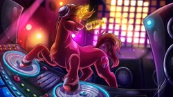 Size: 3840x2160 | Tagged: safe, artist:lupiarts, oc, oc only, oc:odyssey eurobeat, pony, unicorn, buttons, commission, disc jockey, fanart, female, headphones, high res, magic, mare, microphone, music, musician, party, pride, singing, solo, speaker, transgender