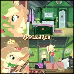 Size: 1080x1080 | Tagged: safe, edit, edited screencap, editor:flutteriaeth, screencap, applejack, earth pony, pony, equestria girls, five to nine, g4, my little pony equestria girls: better together, over a barrel, season 1, applejack's bedroom, applejack's bedroom (equestria girls), applejack's hat, bedroom, broom, cowboy hat, cute, eyes closed, female, geode of super strength, guitar, hat, jackabetes, jewelry, magical geodes, mare, musical instrument, necklace, one eye closed, open mouth, smiling, solo, sweet apple acres