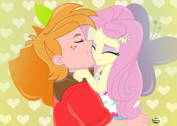 Size: 3508x2480 | Tagged: safe, artist:dashdeviant, big macintosh, fluttershy, butterfly, equestria girls, g4, apple, eyes closed, female, food, freckles, heart, high res, hug, male, ship:fluttermac, shipping, straight