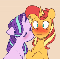 Size: 3765x3729 | Tagged: safe, artist:chub-wub, starlight glimmer, sunset shimmer, pony, unicorn, g4, blushing, cheek kiss, cute, duo, eyes closed, female, flustered, glimmerbetes, high res, kissing, lesbian, shimmerbetes, ship:shimmerglimmer, shipping