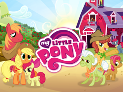 Size: 1280x960 | Tagged: safe, gameloft, apple bloom, apple split, applejack, babs seed, big macintosh, granny smith, half baked apple, perfect pie, earth pony, pony, g4, my little pony: magic princess, apple bloom's bow, apple family, apple family member, applejack's hat, bow, bucktooth, cowboy hat, female, hair bow, hat, loading screen, looking at you, male, my little pony logo, offscreen character, stallion, straw in mouth, sweet apple acres, video game