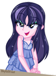 Size: 1448x1978 | Tagged: safe, artist:skyfallfrost, oc, oc only, equestria girls, g4, clothes, dress, eyebrows, eyebrows visible through hair, female, lidded eyes, open mouth, open smile, simple background, smiling, solo, transparent background