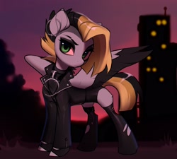 Size: 2848x2568 | Tagged: safe, artist:vensual99, oc, oc only, oc:tlen borowski, pegasus, pony, black eyeshadow, building, city, clothes, collar, collar ring, ear piercing, earring, eyeshadow, female, green eyes, high res, jacket, jewelry, leather jacket, makeup, mare, piercing, ripped stockings, solo, spread wings, stockings, thigh highs, torn clothes, twilight (astronomy), two toned wings, wings