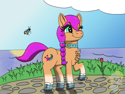 Size: 1600x1200 | Tagged: safe, artist:gray star, derpibooru exclusive, sunny starscout, bee, insect, g5, collar, roller skates, smiling