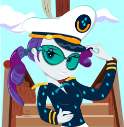 Size: 1631x1670 | Tagged: safe, artist:dashdeviant, rarity, equestria girls, g4, ppov, alternate hairstyle, bowtie, cap, captain rarity, equestria girls interpretation, hat, hat tip, looking at you, ponytail, scene interpretation, smiling, smiling at you, sunglasses