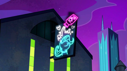 Size: 1280x720 | Tagged: safe, screencap, g4, power ponies (episode), background, building, maretropolis, neon, neon sign, night, no pony, scenic ponyville, town