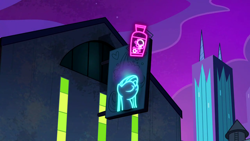 Size: 1280x720 | Tagged: safe, screencap, g4, power ponies (episode), season 4, background, building, maretropolis, neon, neon sign, night, no pony, scenic ponyville, town