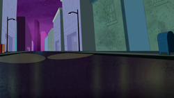 Size: 1280x720 | Tagged: safe, screencap, g4, power ponies (episode), background, building, lamppost, letter box, maretropolis, night, scenic ponyville, town