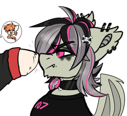 Size: 2200x2000 | Tagged: safe, artist:etoz, oc, oc only, oc:etoz, oc:gravel shine, bat pony, pony, unicorn, angry, bat pony oc, bat wings, boop, choker, clothes, collar, ear piercing, earring, emo, eyebrows, eyebrows visible through hair, fangs, female, high res, hoodie, horn, jewelry, laughing, male, mare, open mouth, piercing, shirt, sketch, smiling, stallion, unicorn oc, wings