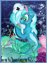 Size: 960x1280 | Tagged: safe, artist:krazykari, oc, oc only, oc:sea sailor, merpony, pegasus, pony, seapony (g4), blue, bubble, cloven hooves, coral, female, fin wings, fins, fish tail, flowing tail, green eyes, hat, mare, ocean, pegasus oc, race swap, reference, sailor, sailor hat, seashell, seaweed, smiling, solo, tail, the little mermaid, under the sea, underwater, unshorn fetlocks, water, wings
