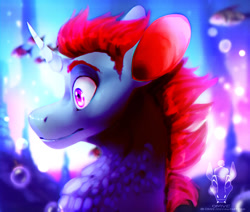 Size: 1280x1086 | Tagged: safe, artist:omve, edit, oc, oc only, fish, pony, unicorn, bubble, eyes open, horn, logo, logo edit, ocean, purple eyes, red mane, smiling, solo, swimming, underwater, water