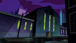 Size: 1280x720 | Tagged: safe, screencap, g4, power ponies (episode), season 4, background, building, factory, lamppost, maretropolis, night, no pony, puddle, scenic ponyville, town