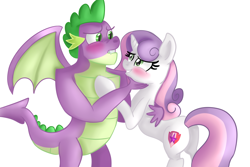 Size: 1920x1280 | Tagged: safe, artist:jbond, spike, sweetie belle, dragon, pony, unicorn, g4, blushing, duo, female, gigachad spike, male, mare, older, older spike, older sweetie belle, ship:spikebelle, shipping, simple background, smiling, straight, white background, winged spike, wings
