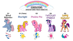 Size: 7680x4320 | Tagged: safe, alternate version, artist:politicsponi, pinkie pie (g3), starlight (g1), sunny starscout, twilight sparkle, wind whistler, earth pony, pegasus, pony, unicorn, g1, g3, g4, g5, my little pony tales, 8k, absurd resolution, cutie mark, female, my little pony logo, simple background, smiling, transparent background, unicorn twilight