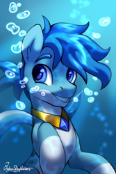 Size: 2000x3000 | Tagged: safe, artist:jedayskayvoker, oc, oc only, oc:aqua sapphire, seapony (g4), g4, blue eyes, blue mane, bubble, bust, colored, colored sketch, crepuscular rays, crystal, ear fluff, fish tail, floppy ears, flowing mane, flowing tail, full color, gem, high res, icon, jewelry, looking at you, male, necklace, ocean, peytral, portrait, raised tail, scales, sketch, smiling, smiling at you, solo, stallion, sunlight, swimming, tail, teeth, underwater, water