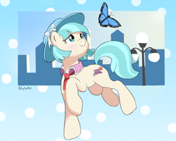 Size: 756x605 | Tagged: safe, artist:vinilyart, coco pommel, butterfly, earth pony, pony, g4, cocobetes, cute, female, hat, mare, solo, streetlight