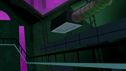 Size: 1280x720 | Tagged: safe, screencap, g4, power ponies (episode), season 4, background, factory, liminal space, maretropolis, night, no pony, scenic ponyville, vent, warehouse
