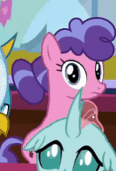 Size: 186x274 | Tagged: safe, screencap, berry blend, berry bliss, gallus, ocellus, changedling, changeling, earth pony, griffon, pony, a matter of principals, g4, season 8, animated, female, friendship student, gif, male, mare, solo focus