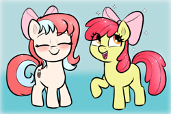 Size: 2660x1776 | Tagged: safe, artist:heretichesh, apple bloom, oc, oc:fizzie, earth pony, pony, g4, apple bloom's bow, blue background, blushing, bow, duo, duo female, eyes closed, female, filly, freckles, gradient background, hair bow, open mouth, open smile, raised hoof, simple background, smiling, sparkles