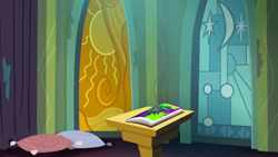Size: 1280x720 | Tagged: safe, screencap, mane-iac, g4, power ponies (episode), season 4, background, castle of the royal pony sisters, comic book, liminal space, no pony, pedestral, pillow, power ponies, scenic ponyville, stained glass
